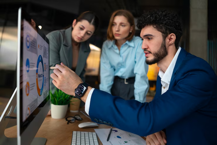 A group of people who are looking at the graph and setting expectation for an outsourcing agency as Expresso Company.