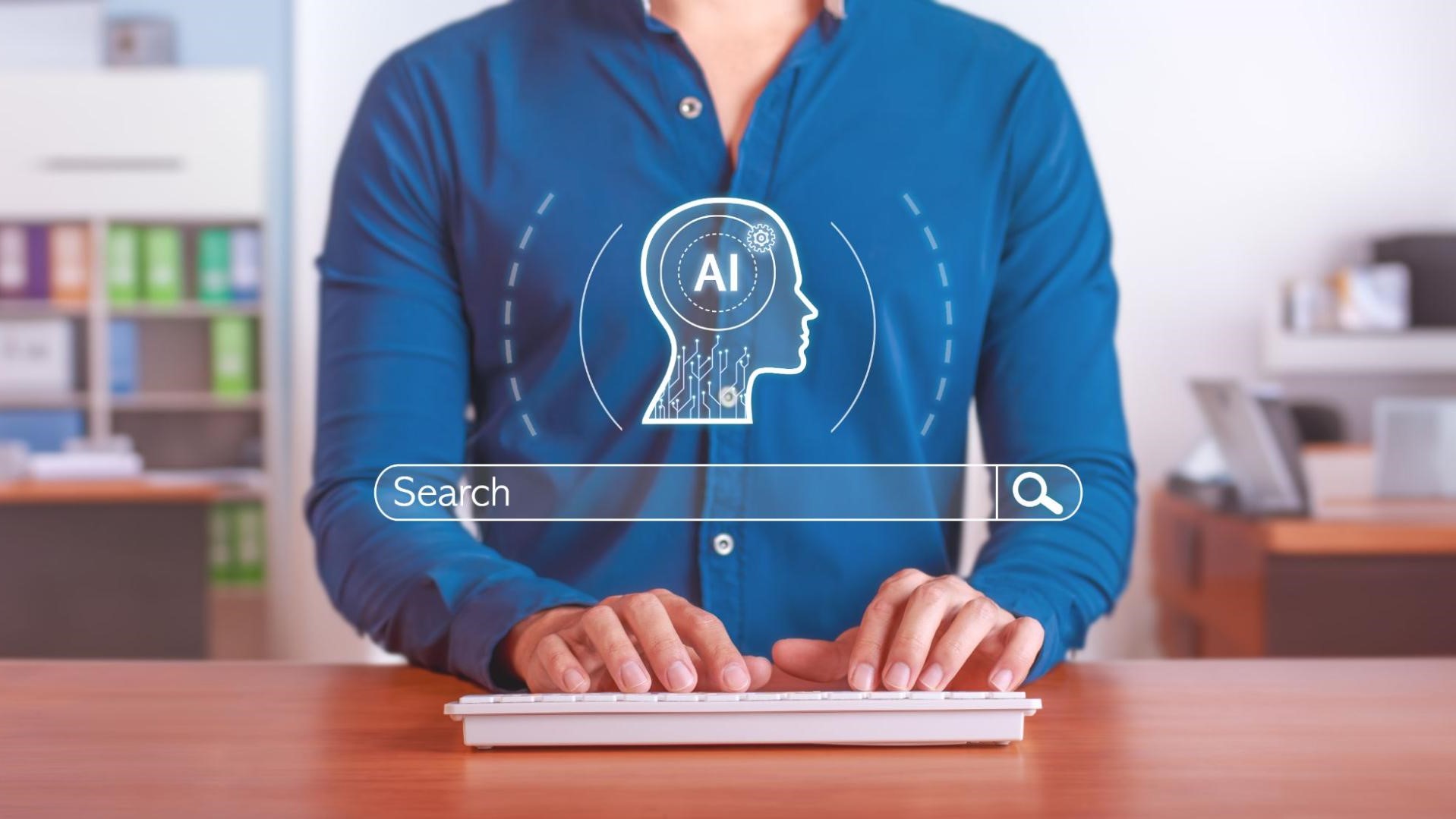 Businessperson using AI search interface to improve website visibility