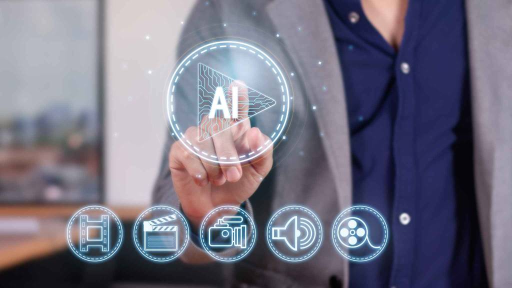 Business professional interacting with AI-powered advertising tools to streamline content creation and media strategy