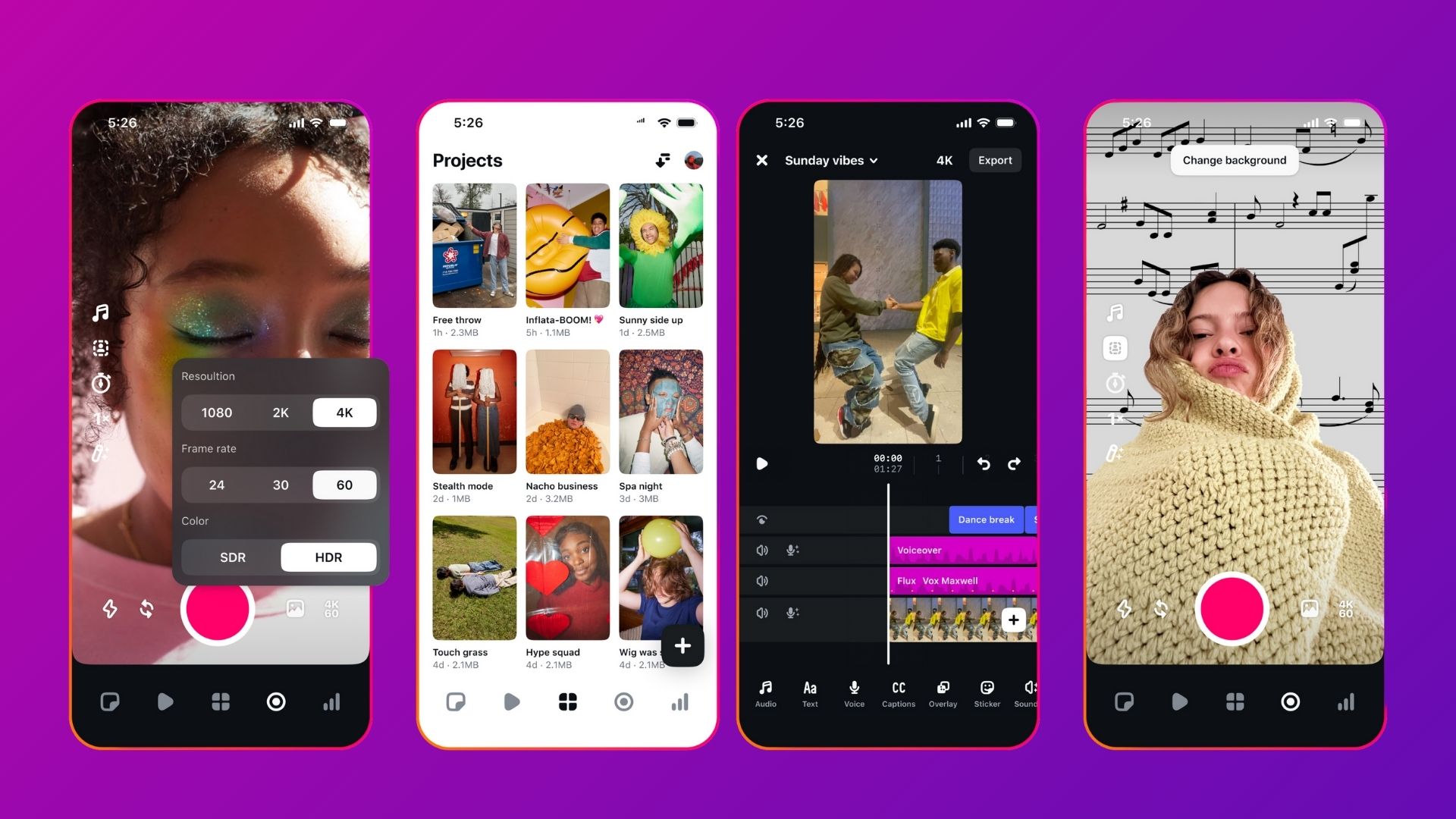 Mobile interface of Meta’s Edits App featuring AI tools like resolution control, smart templates, gesture edits, and social content creation.