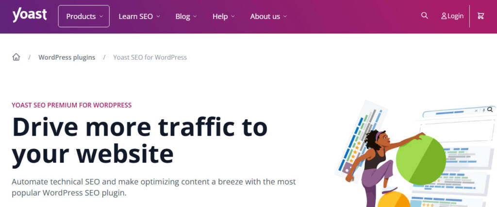 Yoast SEO plugin for WordPress, offering tools to drive traffic, automate SEO, and optimize content for better rankings.