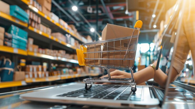 Laptop with shopping cart symbolizing successful e-commerce website and digital marketing strategies in the jewelry industry