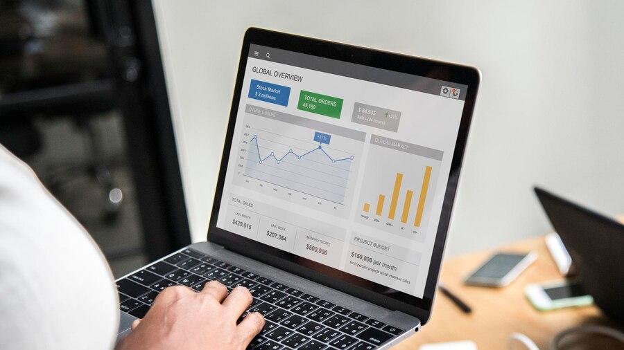 Person analyzing a global overview dashboard on a laptop to optimize CPC in Google Ads.