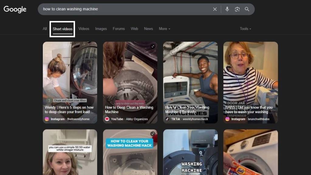 Google search results for ‘how to clean washing machine’ showing the ‘Short Videos’ section with clips from Instagram, YouTube, and TikTok.