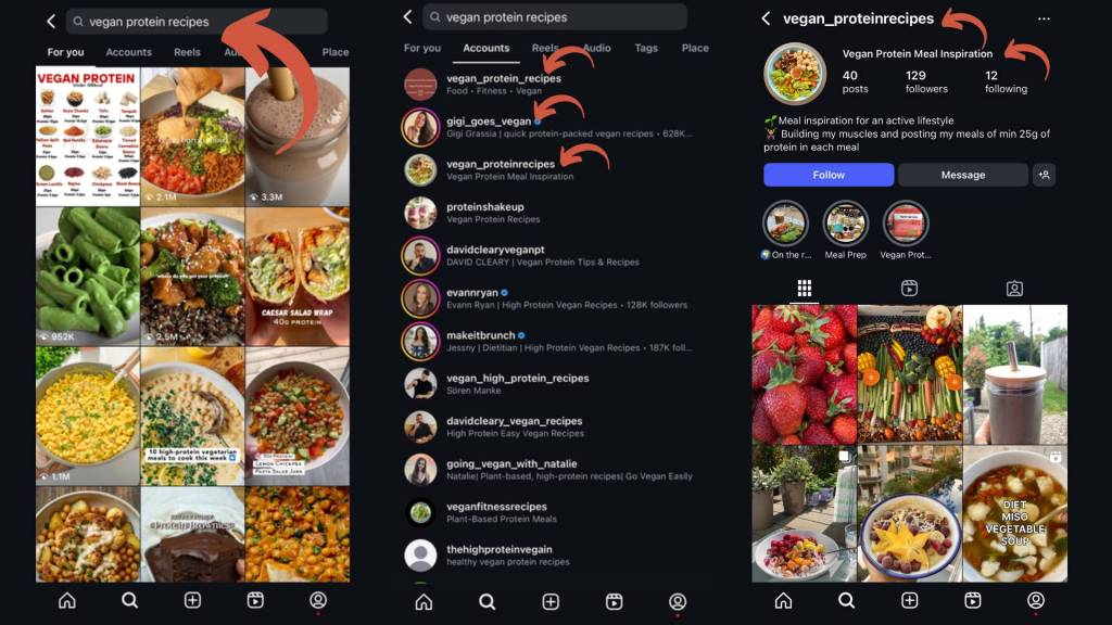 Instagram search results for ‘vegan protein recipes’ showing optimized posts, accounts, and profile headlines using target keywords.