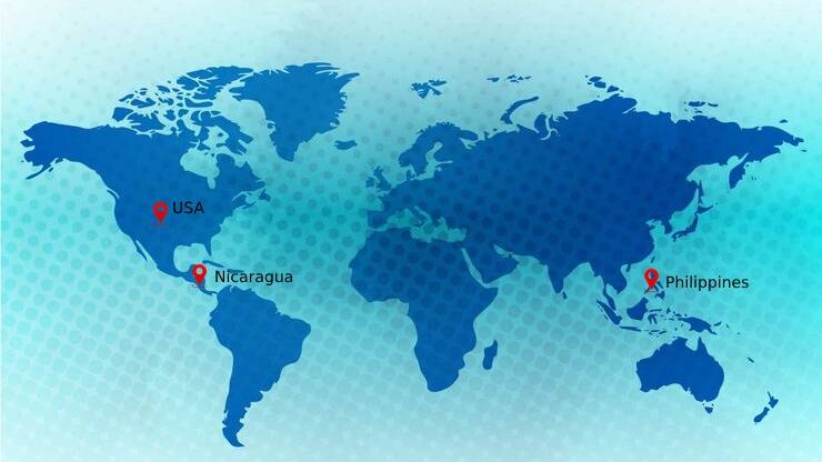 Map showing the geographical location of Nicaragua, the USA, and the Philippines, highlighting outsourcing destinations.