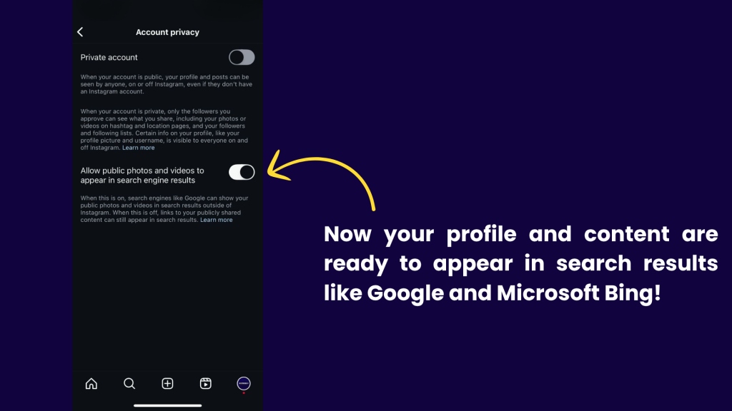 Instagram account privacy settings showing how to allow public photos and videos to appear in Google and Bing search results.