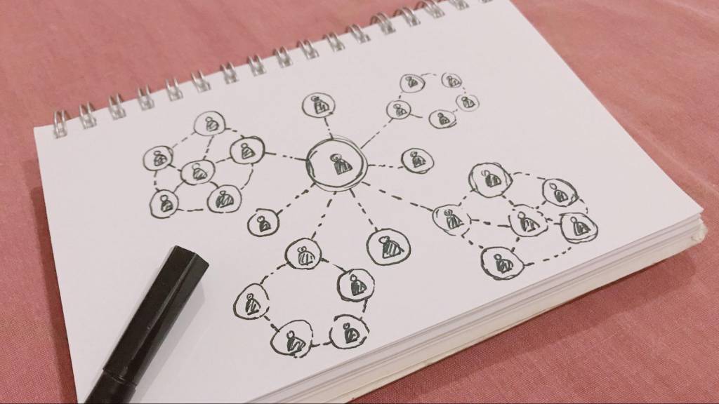 Sketch of a network diagram symbolizing Instagram content visibility and discoverability through SEO strategies.