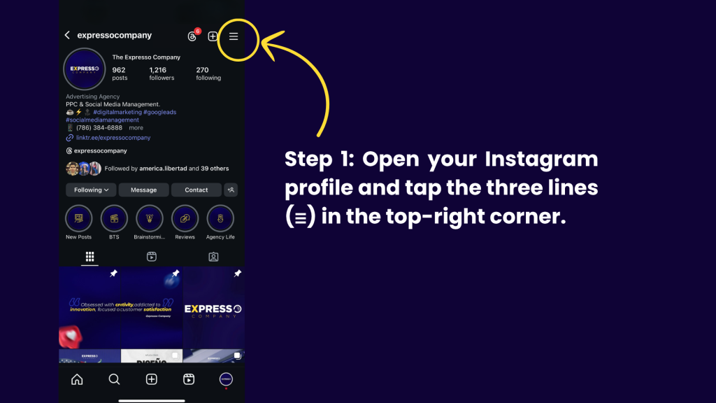 Step 1 in Instagram SEO tutorial showing how to access Instagram settings from a professional profile page. which is to open your iG profile and tap the three lines in the top-right corner