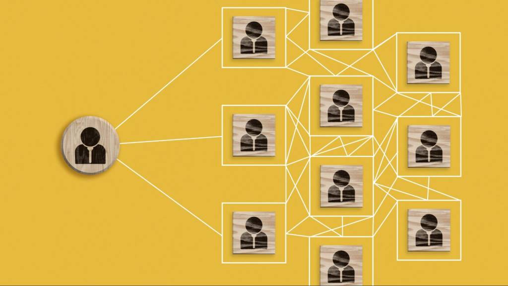 Conceptual graphic of a LinkedIn network with interconnected profiles on a yellow background, representing B2B reach and targeting.