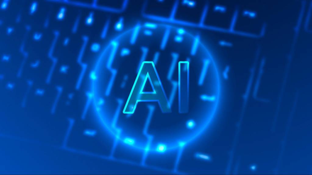 Glowing AI letters on a digital keyboard background representing Artificial Intelligence Optimization for SEO.