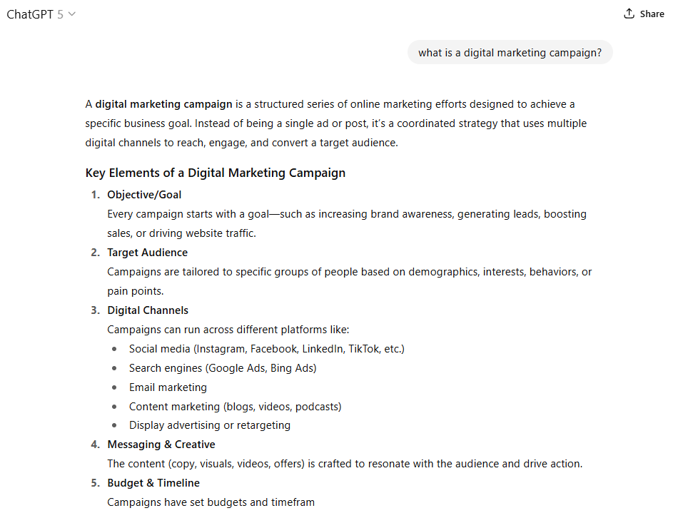 ChatGPT-generated explanation of a digital marketing campaign showing how SEO, ads, and strategy work together.