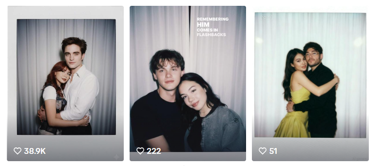 AI-generated Polaroid-style portraits of couples posing against simple backdrops.