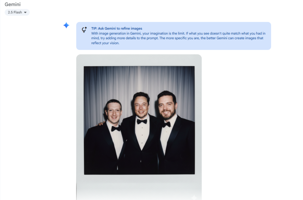 AI-generated Polaroid image of three men in tuxedos posing together.