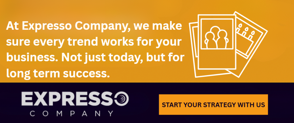 Expresso Company banner promoting digital marketing strategies with Polaroid visuals.