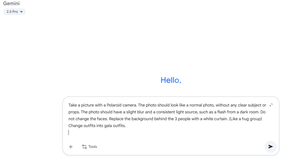 Google Gemini interface showing a Polaroid-style image prompt for AI photo generation.