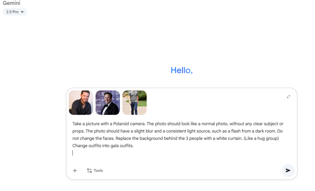 Gemini AI interface with uploaded portraits prepared for Polaroid-style generation.
