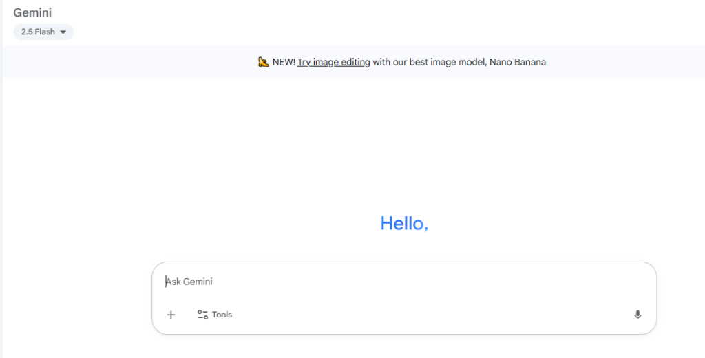 Google Gemini interface showing 2.5 Flash with Nano Banana image editing option.