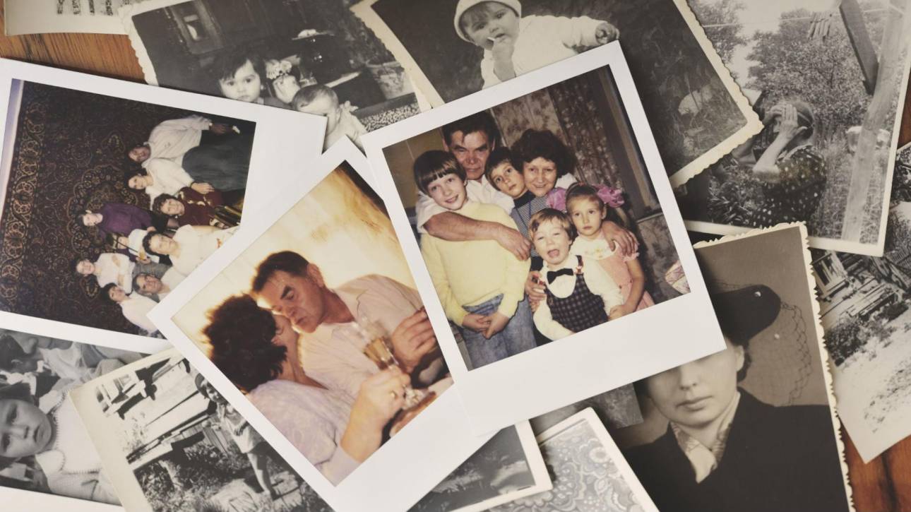 A collection of vintage family Polaroid photos with warm colors and retro textures.