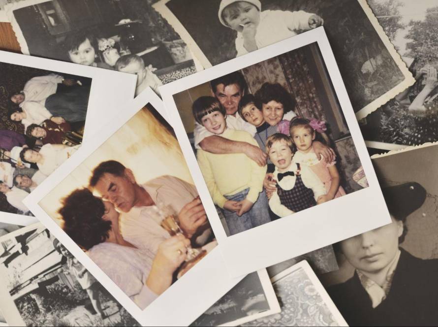 A collection of vintage family Polaroid photos with warm colors and retro textures.