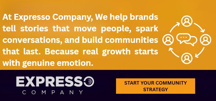 Expresso Company digital marketing agency banner showing a community branding message about emotional storytelling and audience engagement.