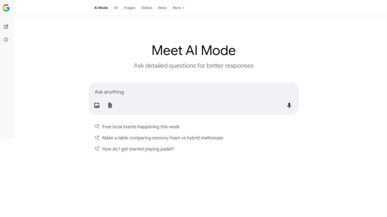 Screenshot of Google AI Mode interface showing conversational search options for detailed, AI-generated responses.
