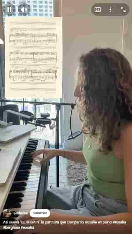 Fan playing Rosalia’s shared Berghain sheet music on piano, demonstrating audience participation and user-generated content inspired by the Lux album campaign