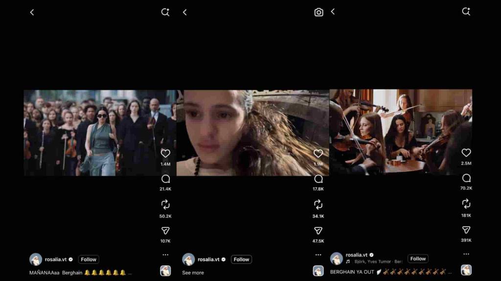 Collage of Rosalia’s Instagram Reels promoting Lux through cinematic visuals, fan engagement and multi-platform storytelling as part of her experiential marketing strategy