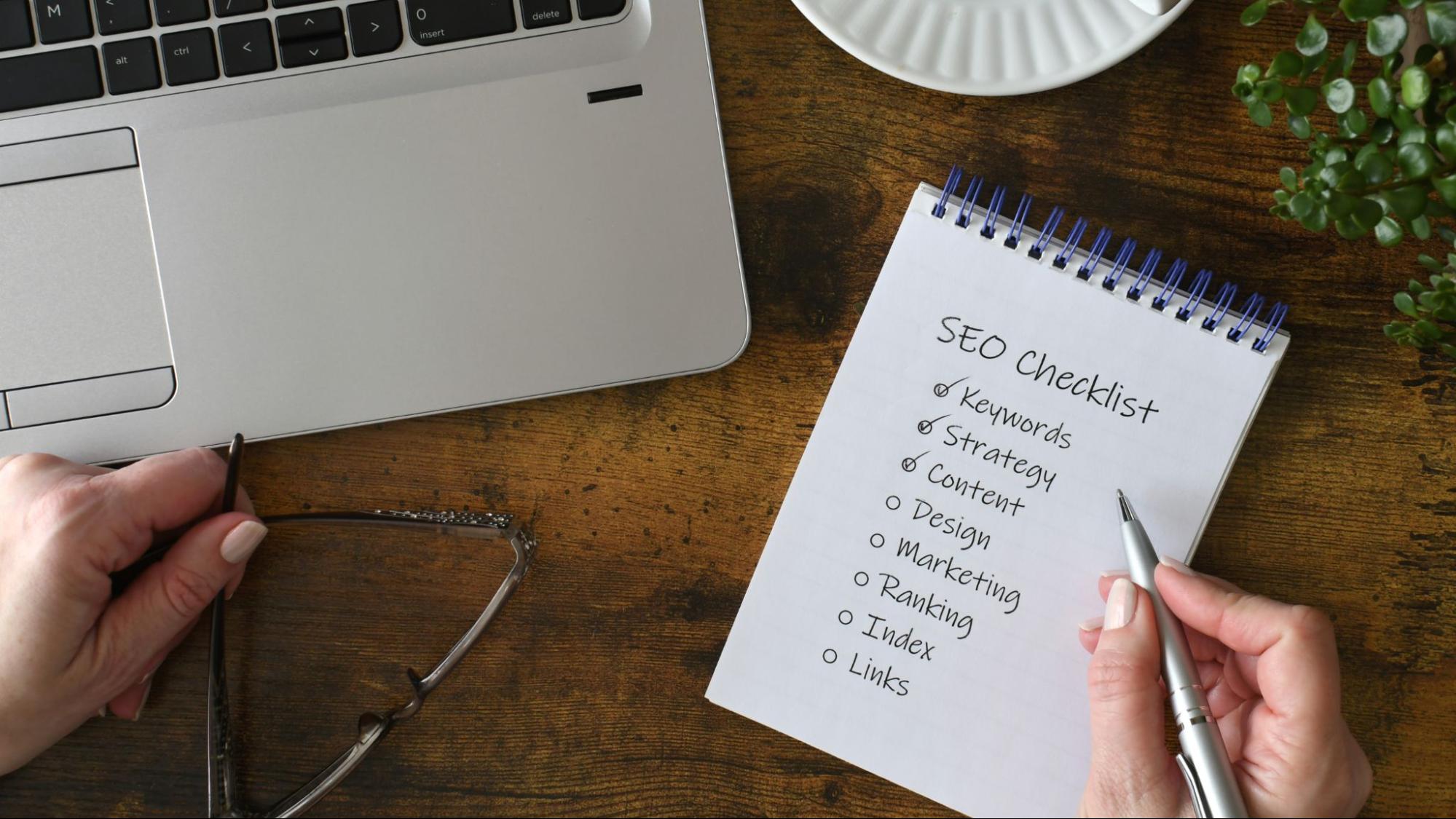 SEO maintenance checklist showing keywords, content, rankings, and links for ongoing search optimization