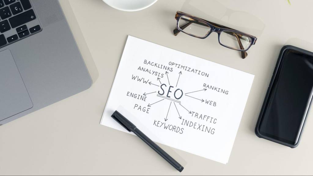 SEO strategy planning sheet showing keywords, ranking, and backlinks to improve online visibility for small and medium businesses in 2026.
