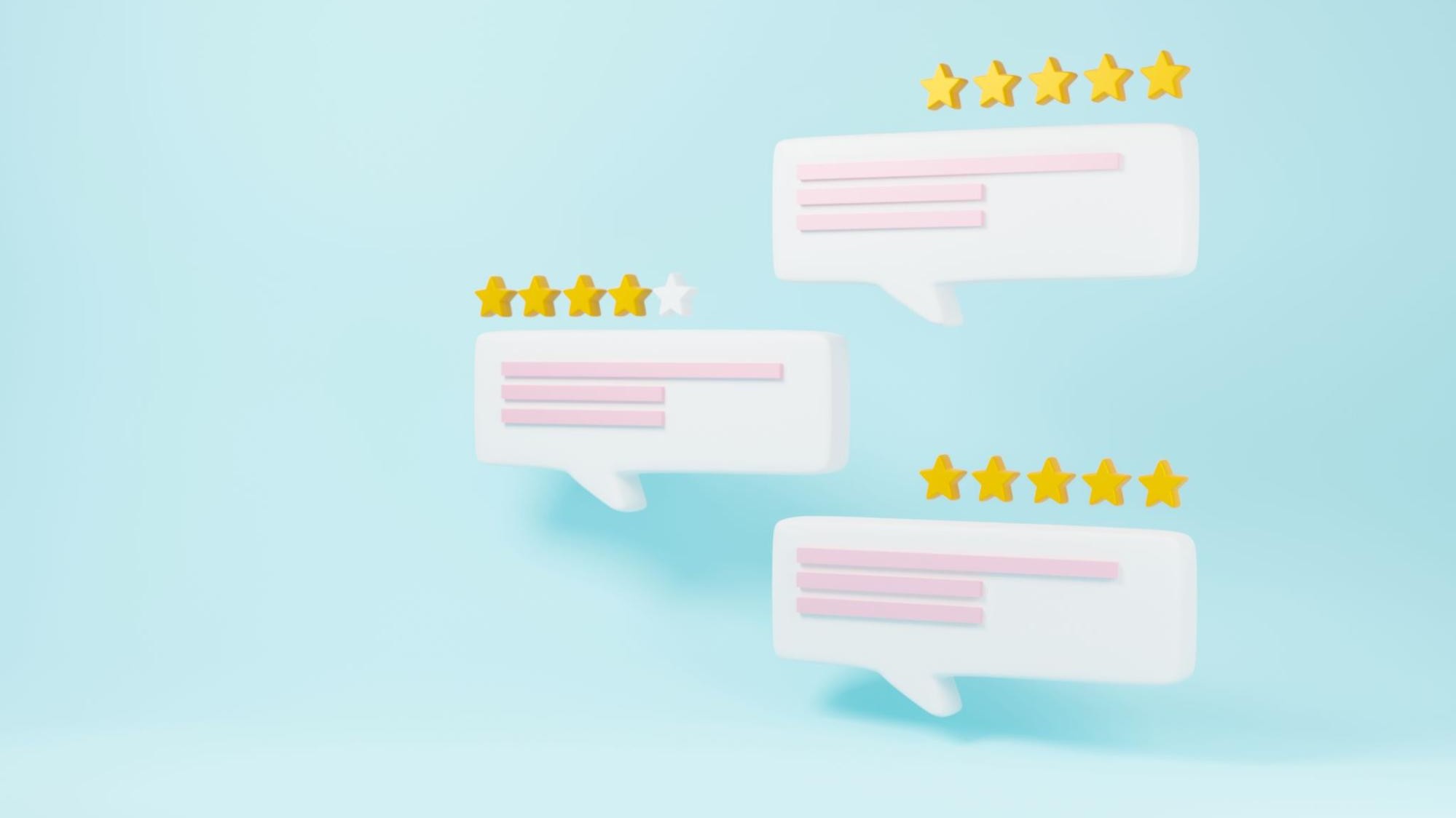 3D illustration of three white speech bubbles with gold five-star ratings on a light blue background, representing the authentic customer feedback Google requires in 2026.