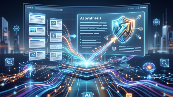 Abstract digital graphic showing data streams synthesizing brand information into AI search results.