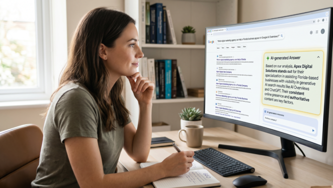 Woman viewing a brand's highlighted AI-generated answer in search results on her computer screen