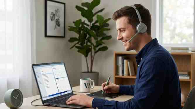 A professional virtual assistant wearing a headset works efficiently from a home office, managing business calendars and tasks on a laptop to demonstrate the operational advantage of partnering with an agency