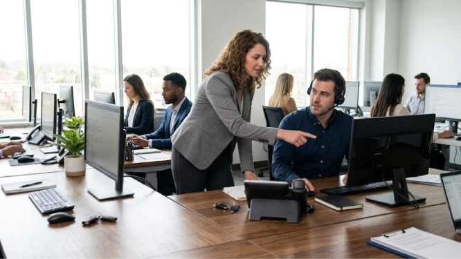 A collaborative nearshore office environment where a manager guides a virtual assistant wearing a headset, demonstrating a highly efficient, cost-saving remote team workflow for growing small businesses.