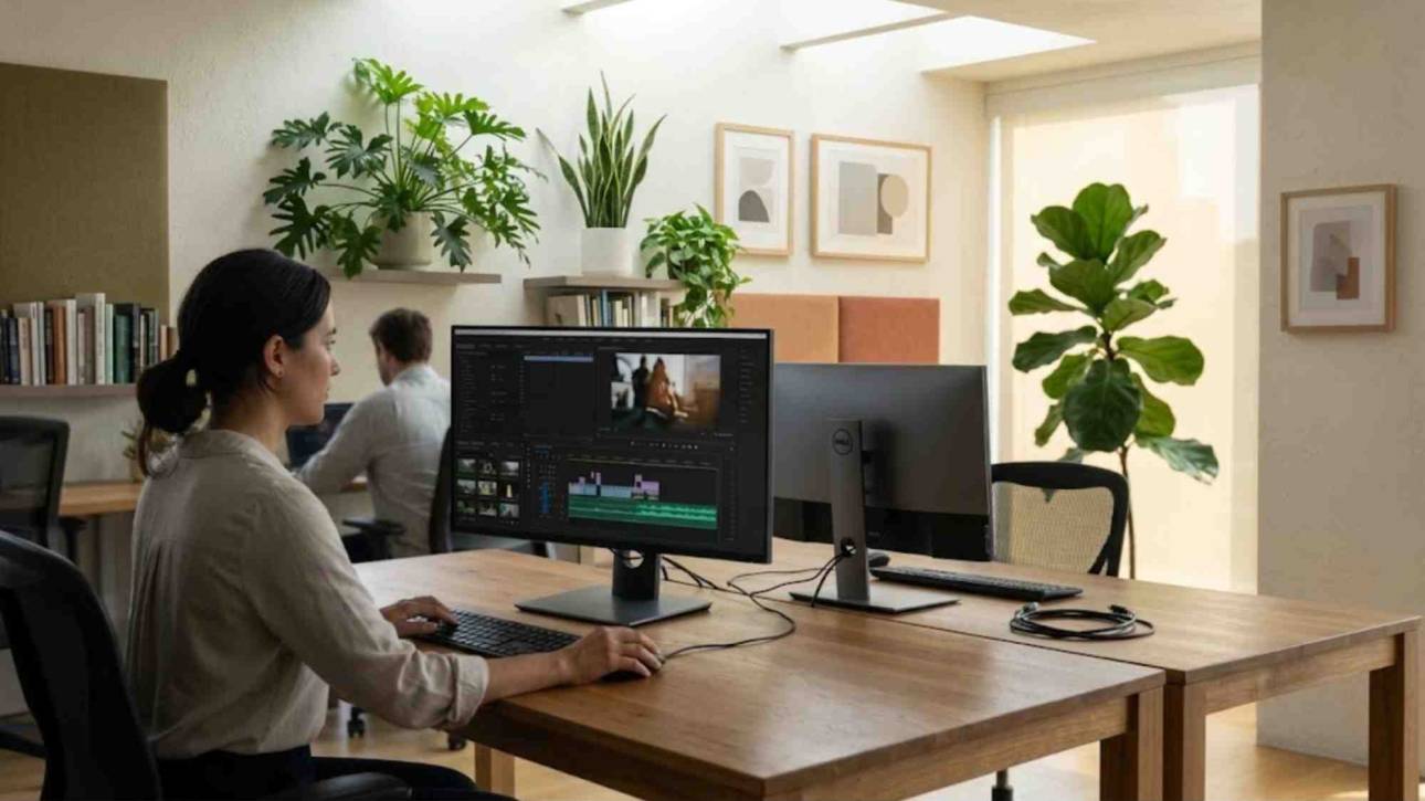 A professional editor works on a searchable video strategy at a clean wooden desk inside a modern office, adjusting audio waveforms and video layers on a monitor.