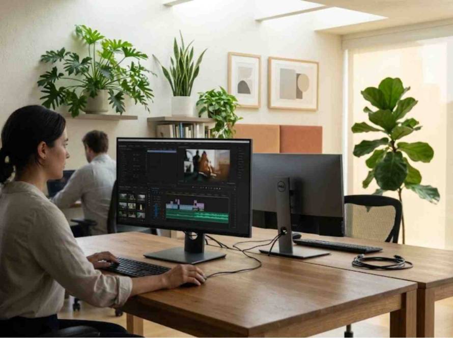 A professional editor works on a searchable video strategy at a clean wooden desk inside a modern office, adjusting audio waveforms and video layers on a monitor.