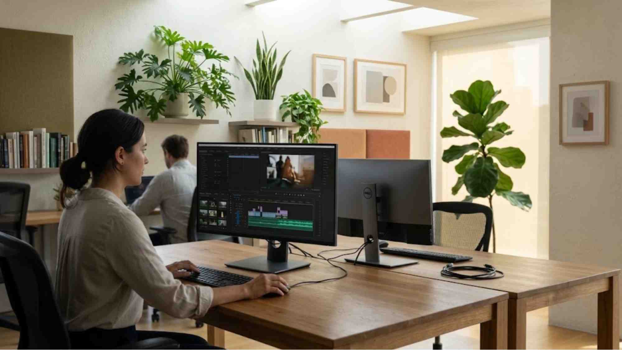 A professional editor works on a searchable video strategy at a clean wooden desk inside a modern office, adjusting audio waveforms and video layers on a monitor.