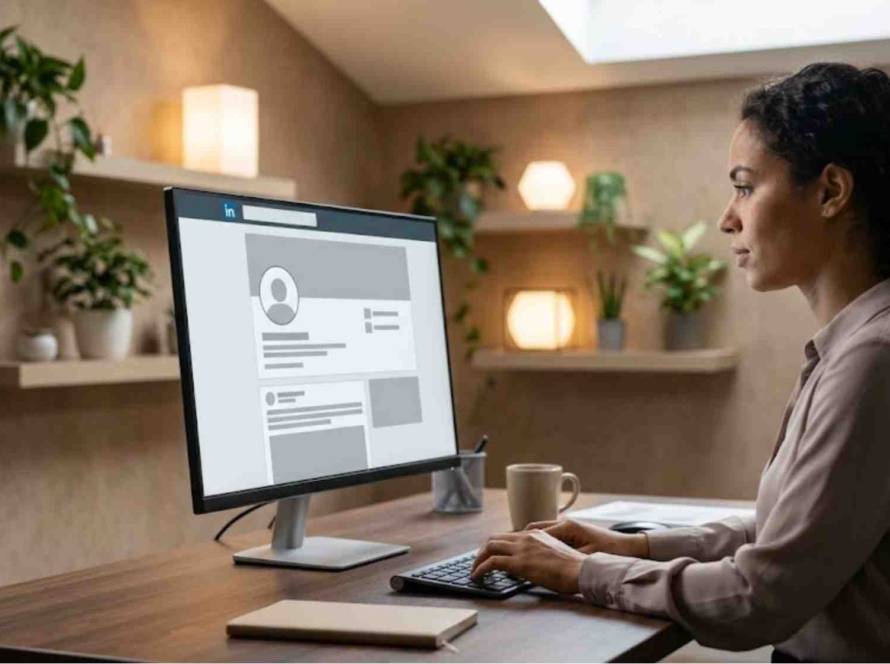 A professional woman sitting at a wooden desk in a modern, well-lit office while reviewing a LinkedIn profile layout template on her computer screen, illustrating the steps to build a strong profile foundation.