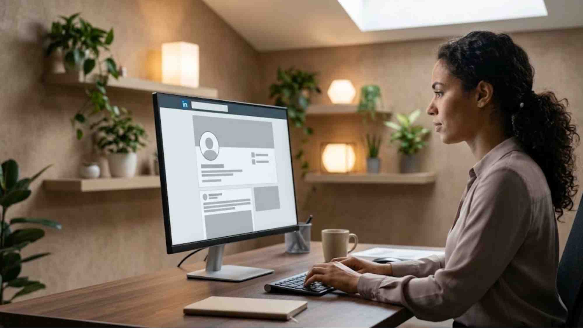 A professional woman sitting at a wooden desk in a modern, well-lit office while reviewing a LinkedIn profile layout template on her computer screen, illustrating the steps to build a strong profile foundation.