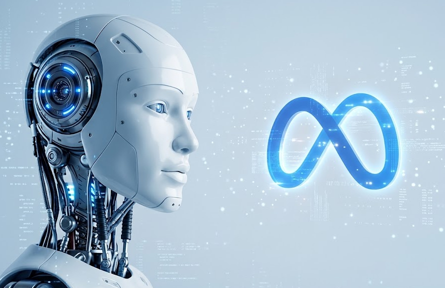 Futuristic white humanoid robot looking at a glowing blue Meta logo, illustrating Meta Ads for Humans vs. AI.
