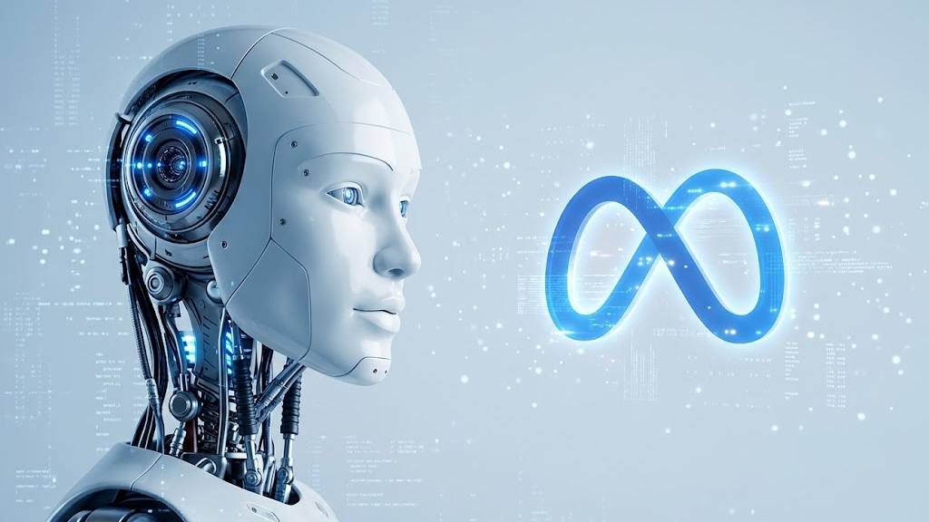 Futuristic white humanoid robot looking at a glowing blue Meta logo, illustrating Meta Ads for Humans vs. AI.