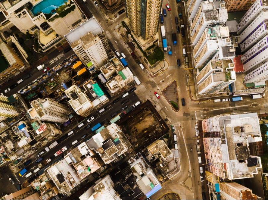 ew of a dense city intersection representing multi-location service territories.