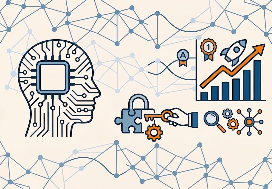 A digital illustration of an artificial intelligence circuit brain alongside an upward growth chart, a rocket ship, and search gears, representing the strategy of using AI in SEO to scale rankings and unlock organic growth.