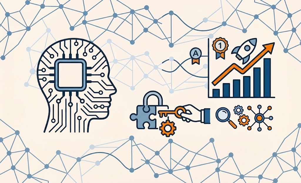 A digital illustration of an artificial intelligence circuit brain alongside an upward growth chart, a rocket ship, and search gears, representing the strategy of using AI in SEO to scale rankings and unlock organic growth.