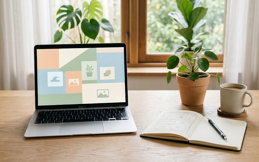 Laptop on a desk displaying a modern custom website design layout next to a notebook with hand-drawn web wireframes.