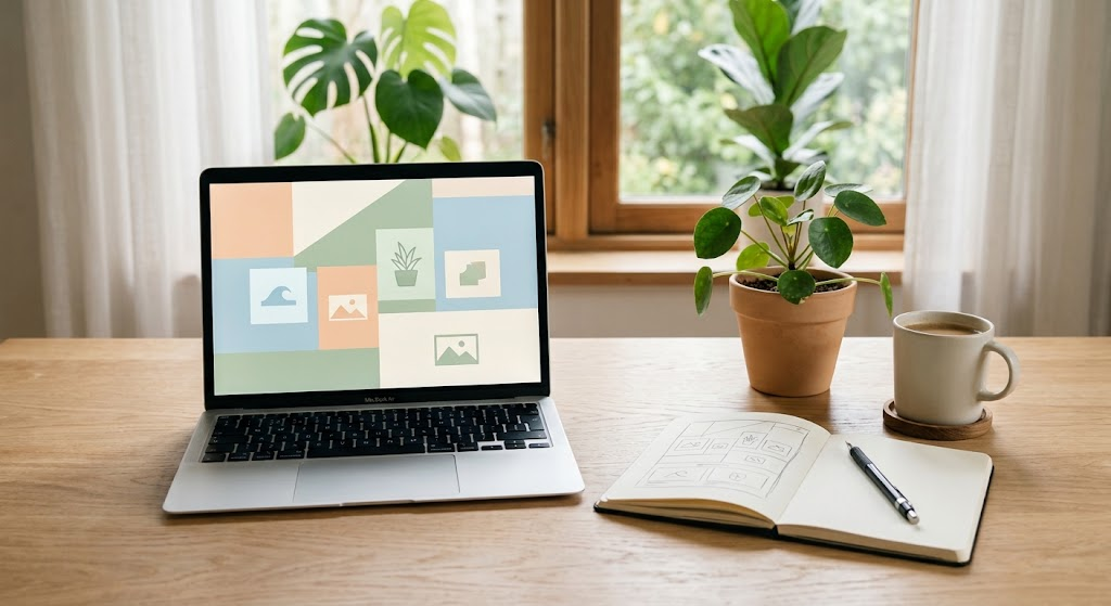 Laptop on a desk displaying a modern custom website design layout next to a notebook with hand-drawn web wireframes.